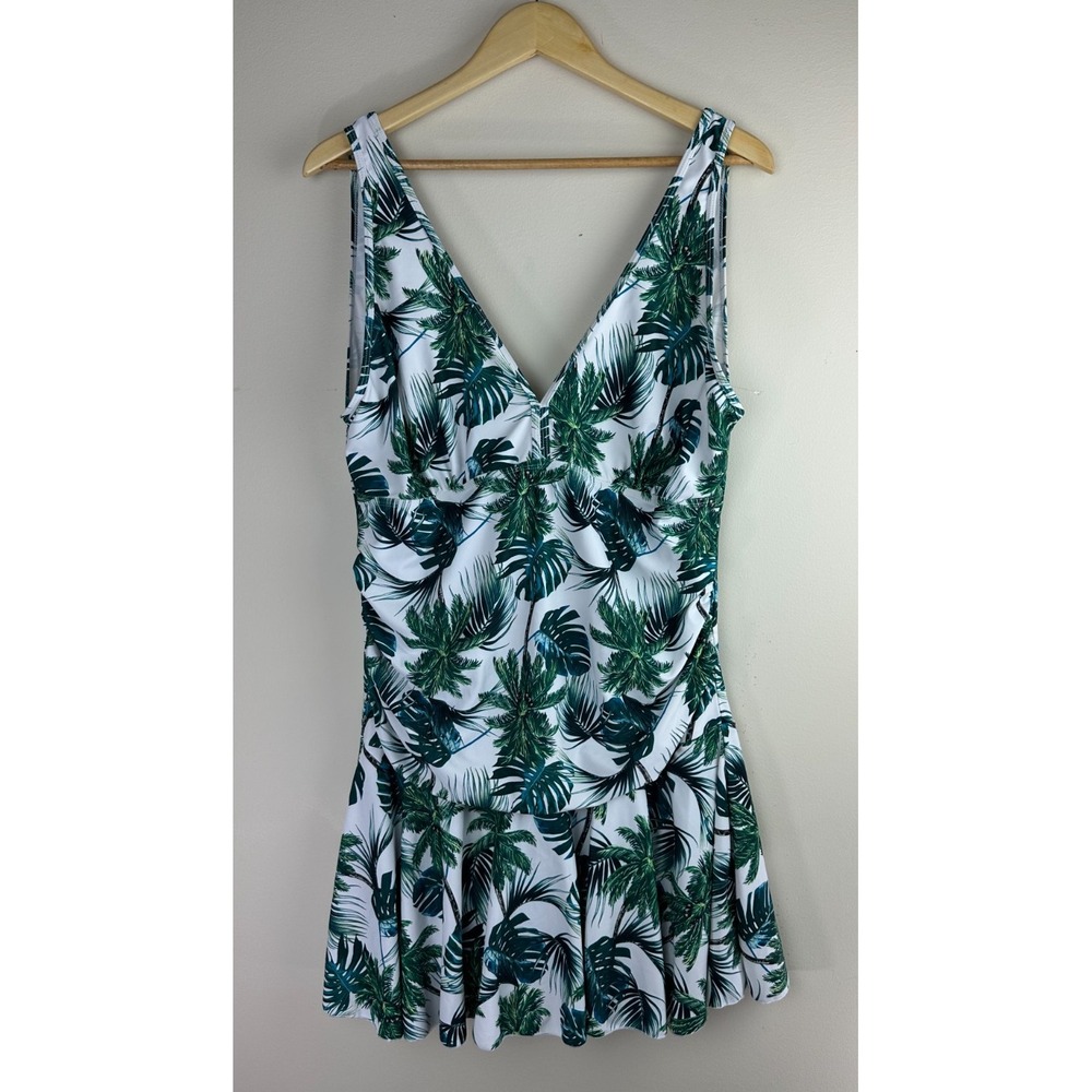 COCOPEAR Women's Tropical Palm Leaf Swim Dress Green White One Piece Size 3XL - Picture 10 of 10